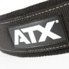 Close-up of the ATX® Nylon Dip Belt, black with white stitching and a rectangular black patch featuring ATX in bold white letters.
