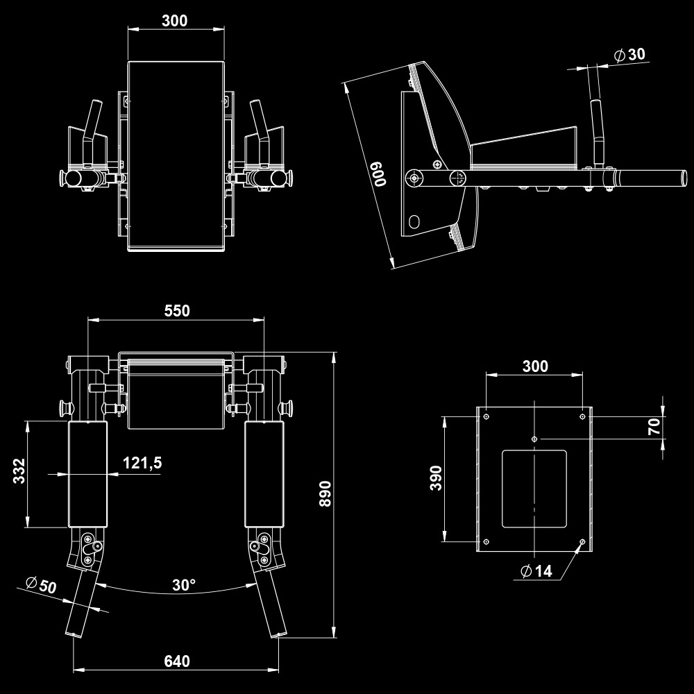 Technical drawing of the ATX® Wall Mounted Knee Raise & Dip, illustrating four views with detailed dimensions, angles, and cylinder placements. All measurements and hole diameters are labeled in millimeters.