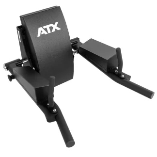ATX® Wall Mounted Knee Raise & Dip attachment in black, featuring padded sections, handles, and angled metal bars to support the legs during workouts—ideal for knee raise exercises.