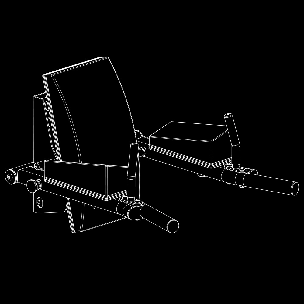 Line drawing of the ATX® Wall Mounted Knee Raise & Dip gym equipment featuring a padded inclined backrest, two arm pads, and parallel handles on each side, set against a black background.