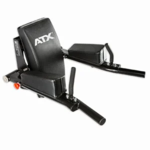 The ATX® Wall Mounted Knee Raise & Dip machine, designed with a sturdy construction and adjustable mechanism, features black padded seats and handlebars. This versatile equipment, branded with ATX on the backrest, is ideal for flexibility training.