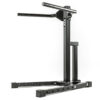 The ATX® Dip Station is a black exercise machine with a sturdy frame and adjustable height settings, perfect for upper body workouts. It includes parallel bars and a stable base with rubber foot caps, making it ideal for both home and gym environments.