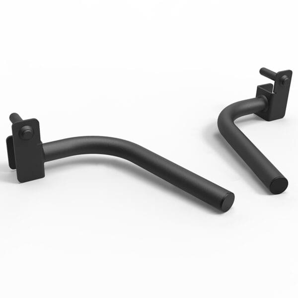 Close-up of two ATX® 500 Dip Handles, black L-shaped metal brackets with cylindrical arms, handles, and mounting mechanisms on a white background.