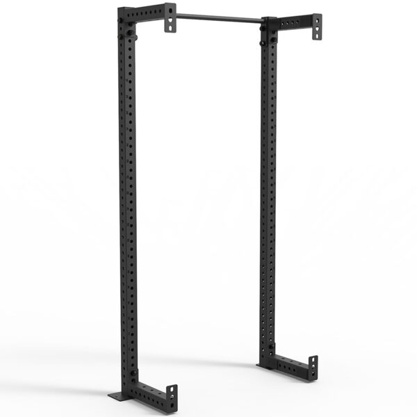 The ATX® Rack Extension 800 Floor Series, a black metal wall-mounted pull-up bar and squat rack, features multiple hole adjustments for customization. The bar attaches between two upright beams, offering versatile strength training options.