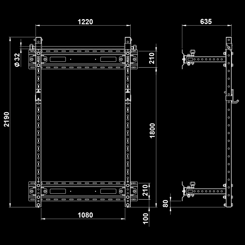 Technical drawing of the ATX® Fold Back Rack - Wall Mounted: rectangular metal frame (1220mm W x 2190mm H x 635mm D) with mounting holes, side views, and labeled components on a black background.