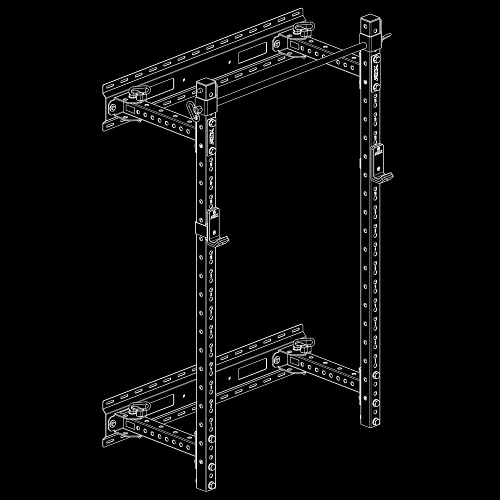 Black and white line drawing of the ATX® Fold Back Rack - Wall Mounted, showing an angled front view with uprights, crossbeams, adjustment holes, and barbell supports on a black background.
