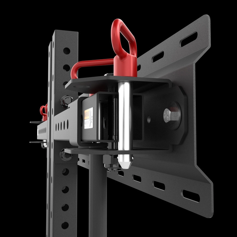 Close-up of the ATX® Fold Back Rack - Wall Mounted, a black and red metal device featuring bolts, a vertical rail, and slotted mounting brackets set against a black background.