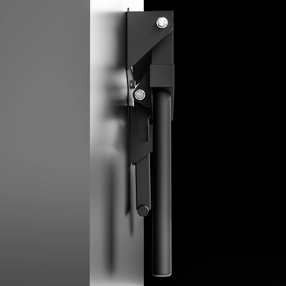A pair of ATX® Folding Wall Mounted Dip Handles—featuring a black metal construction with a cylindrical arm—are installed against a vertically split background in black and gray tones.