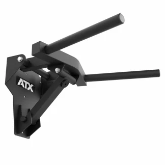 The ATX® Folding Wall Mounted Dip Handles feature a black metal wall-mounted design with two angled handles and the ATX logo on the side, offering added versatility for upper body workouts as part of your training routine.