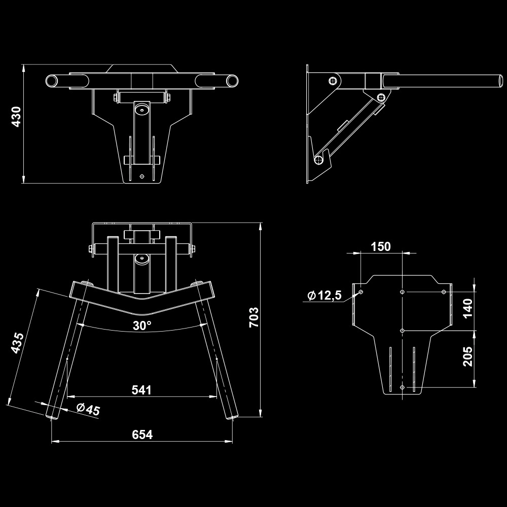 Technical drawing of the ATX® Folding Wall Mounted Dip Handles, featuring multiple views displaying dimensions, angles, and exact measurements for length, height, and hole placements on a black background.