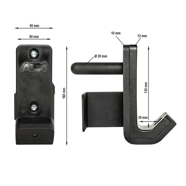 Image depicting two black ATX® PRX J-Hooks V 60mm brackets: The left is 160mm tall, 65mm wide, with a 60mm inner width. The right is 165mm tall with a 20mm rod diameter, a 10mm grip, and bottom extensions of 12mm and 30mm.