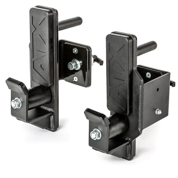 ATX® Roller J-Hooks are black metal barbell holders with adjustable mounts and handles, perfect for weightlifting equipment.