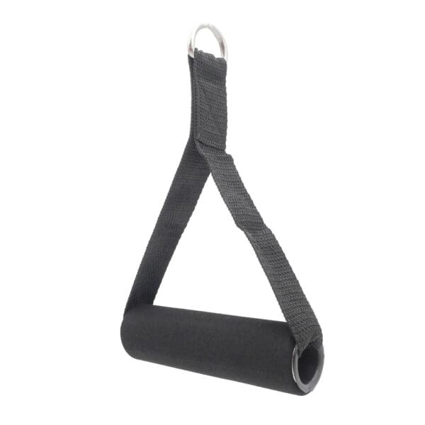 The Nylon Stirrup Handle is a black resistance band handle with a foam grip, a sturdy nylon strap, and an attachment-ready metal ring.