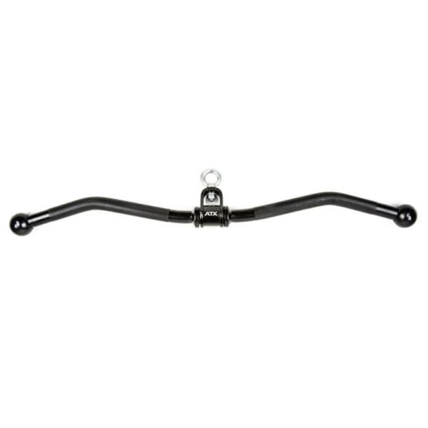 The ATX® EZ Curl Rotational Blackline is a black metal gym cable attachment with ergonomic handles and a central swivel. Designed for weight machines, it provides seamless rotation and versatile grip positions for an enhanced workout experience.
