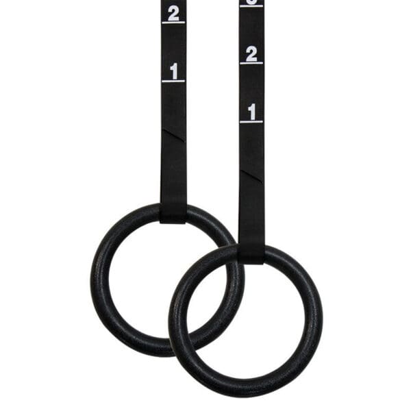 A pair of ATX® Plastic Gym Rings hang from adjustable black straps with white measurement markings, displaying numbers 1 and 2.