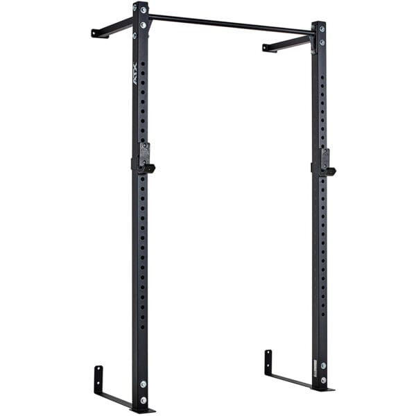 The ATX® Wall Mounted Squat Rack features adjustable height, sturdy metal construction, and multiple holes for customization in sleek black. Ideal for home gym and fitness training.