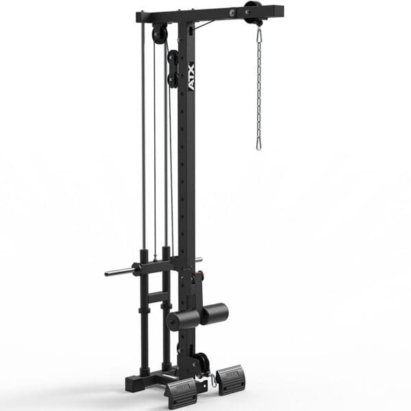The ATX® Lat Option 750 Plate Loaded is a black cable pulley system with adjustable weights and a vertical frame, including footrests. Its ideal for targeted strength training exercises.