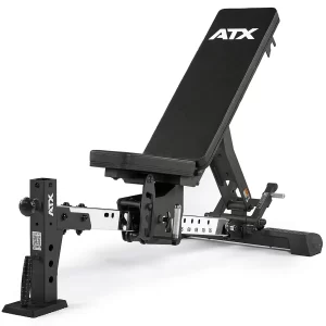 The ATX® Multi Bench is a sturdy black workout bench featuring an adjustable incline, foot support bars, a padded seat and backrest with ATX branding, and a metal frame with height settings.