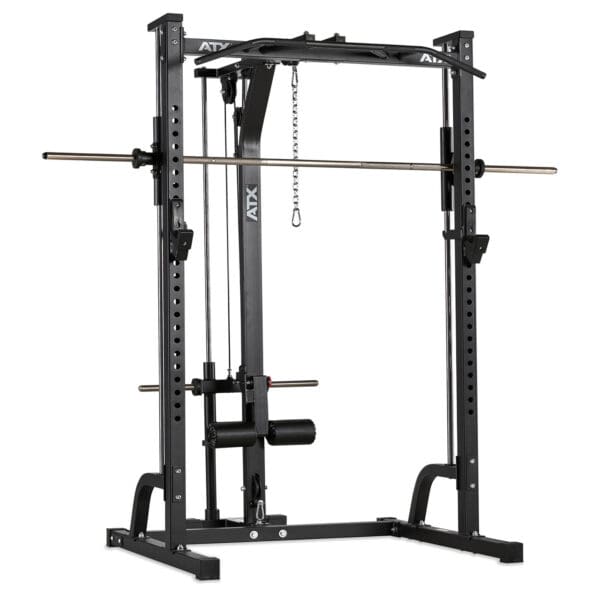 The ATX® Smith Machine System Plate Loaded is a multifunctional black power rack featuring a barbell, adjustable safety bars, and a cable pulley system, ideal for strength training exercises like squats and bench presses. The design emphasizes durability and sturdiness.