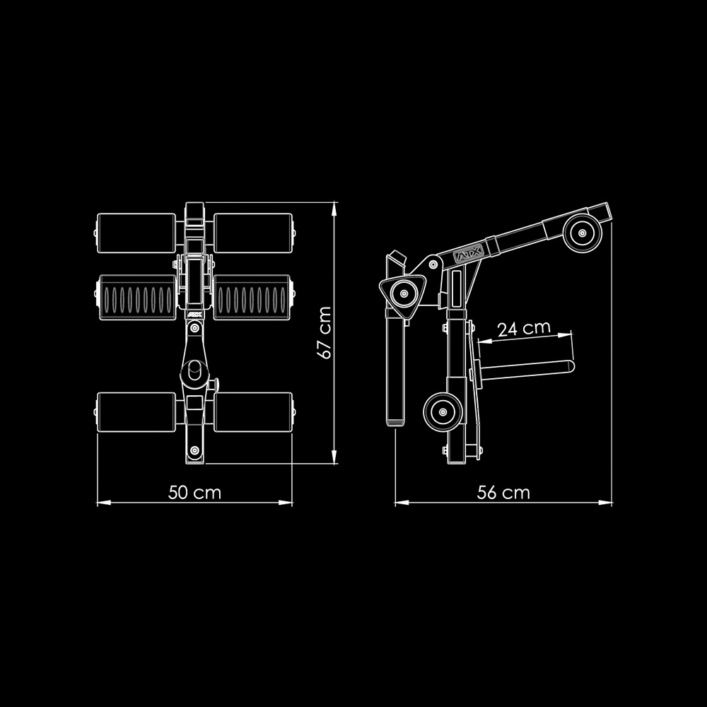 Technical line drawing of the ATX Leg Extension/Leg Curl Attachment, shown from front and side. Dimensions labeled: 67 cm height, 50 cm width (front), 24 cm handle length, 56 cm depth. Black background.