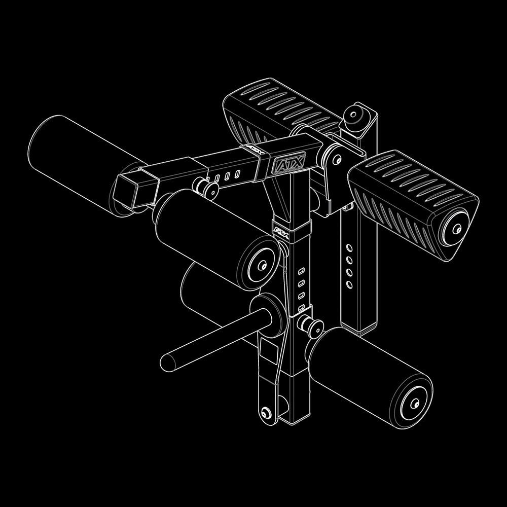 Line drawing of the ATX Leg Extension/Leg Curl Attachment featuring padded rollers, footrests, adjustable height holes, and a central weight plate bar, all set against a black background.