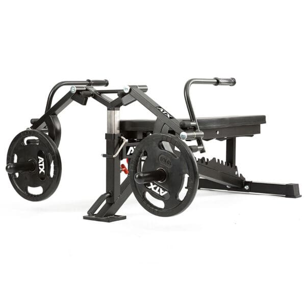 The ATX® Ab Crunch Attachment is a versatile gym bench with adjustable handles and weighted plates on either side. Designed with a black metal frame, its perfect for various strength training exercises.