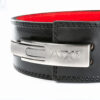 Close-up of the ATX® Lever Leather Powerlifting Belt, featuring a black leather design with a shiny silver buckle engraved with the ATX logo. The belt's inner lining is red, with visible stitching along the edges. The focus is on the buckle and the texture of the leather.
