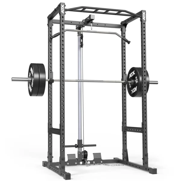 The ATX® Power Rack 520 215cm System Plate Loaded in black features a barbell, weight plates, pull-up bar, and safety catches, designed for weightlifting and strength training.