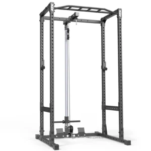 The ATX® Power Rack 520, a 215cm black metal structure, features multiple holes for adjustable bar placements and a pull-up bar at the top. It includes a vertical barbell holder and is sturdy, robust, and perfect for various strength training exercises.