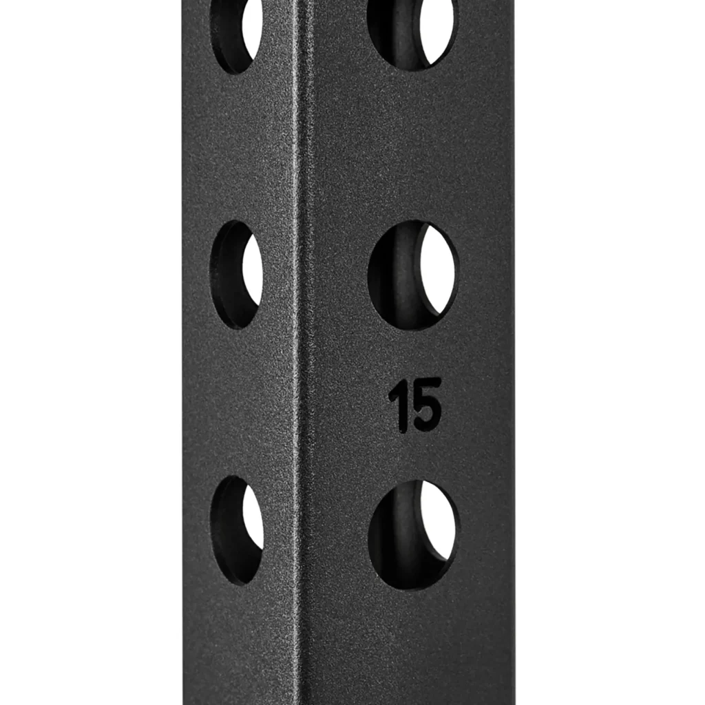 Close-up of a black metal post from the ATX® Power Rack 520 215cm, featuring evenly spaced circular holes and the number 15 printed on its textured matte surface.