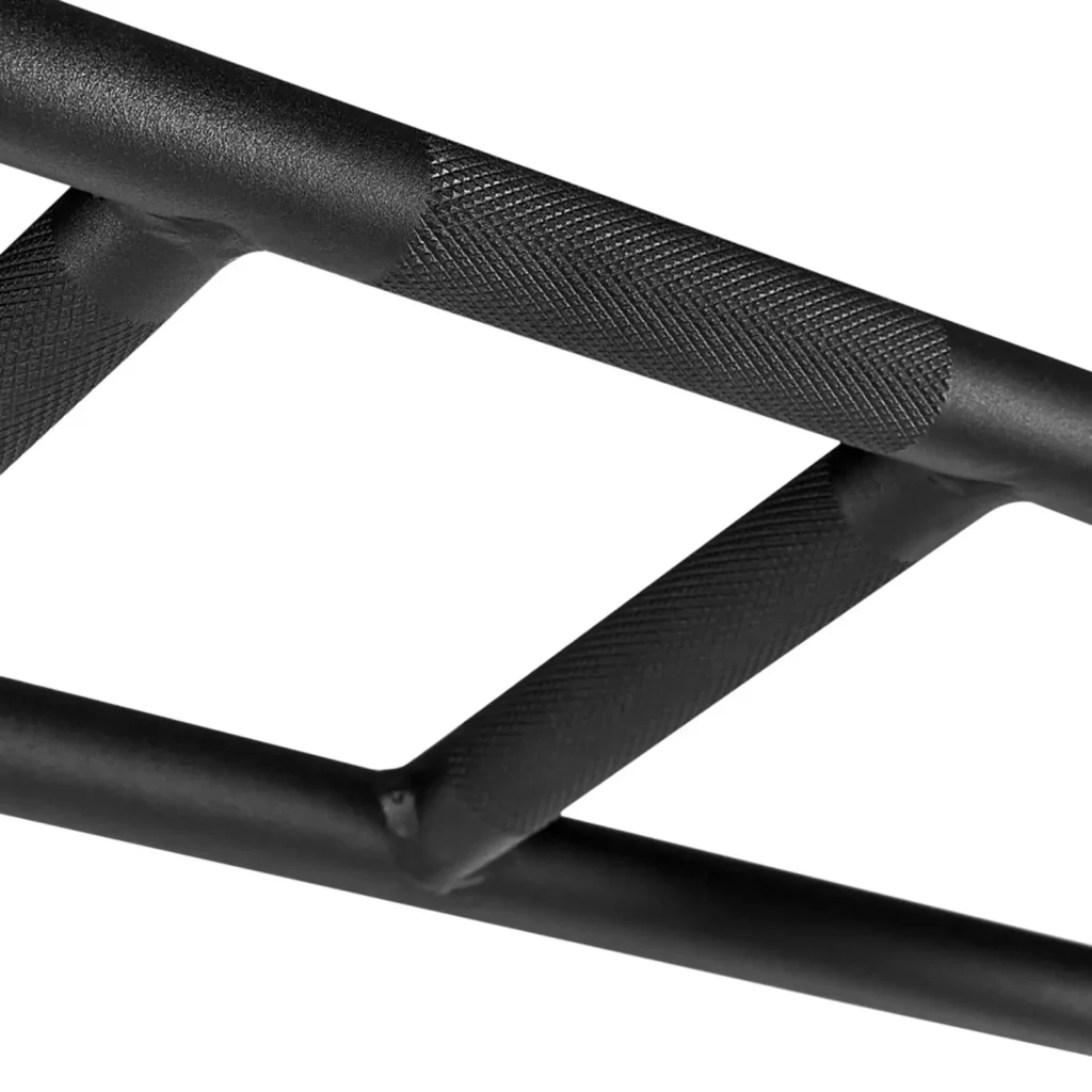 Close-up of the ATX® Power Rack 520 215cm, showcasing black metal bars with ribbed, textured grips arranged parallel to each other, emphasizing their design and material.