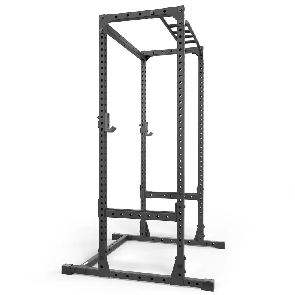 The ATX® Power Rack 520 215cm is a black metal rectangle-framed weightlifting rack with adjustable J-hooks, multiple customization holes, and a sturdy base for enhanced stability.