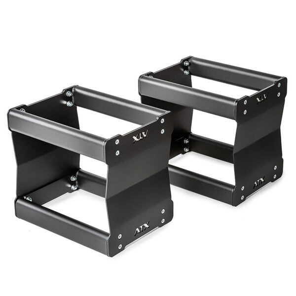 A pair of heavy-duty, stackable black steel stands for dumbbells or gym gear, featuring a robust frame with XLV and ATX logos on the sides. Product Name: ATX® 3 in 1 Pulling Blocks DISCONTINUED.