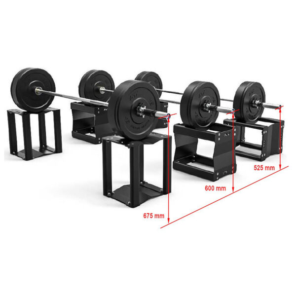 Three discontinued ATX® 3 in 1 Pulling Blocks in black are aligned, each with a loaded barbell. Red measurement lines show height differences of 675 mm, 600 mm, and 525 mm.