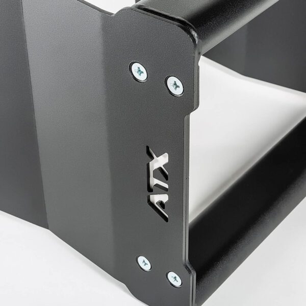 Close-up of a black ATX® 3 in 1 Pulling Blocks bracket, discontinued model, featuring visible screws and a cutout logo similar to KLW. The surface has a matte finish against a plain white background.
