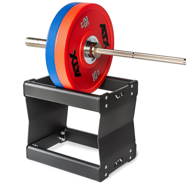 A barbell with red and blue 25 kg weight plates sits on a sturdy, black ATX® squat stand featuring bolts and the ATX logo against a plain white background.