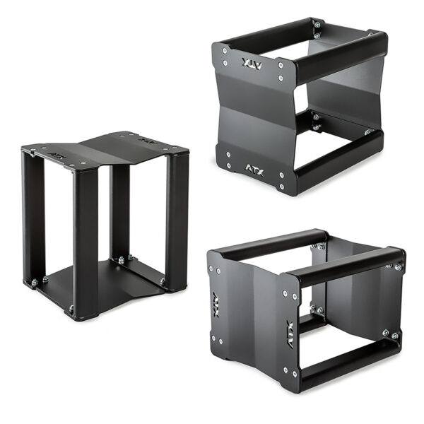 A trio of black ATX® 3 in 1 Pulling Blocks, now discontinued, feature a rectangular open-frame design and are displayed at various angles on a white background.