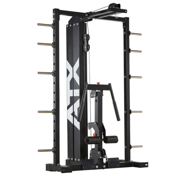 The ATX® SCR-760 is a discontinued black and white Smith machine featuring weight storage pegs, an integrated cable pulley system, and designed for strength training. Its set against a plain white background.