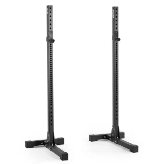 Two black ATX® Squat Stands 650 SD with adjustable height, sturdy bases, and vertical columns, designed for weightlifting or gym use, are placed side by side on a white background.