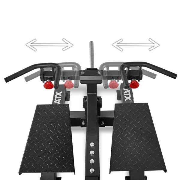 Close-up of gym equipment featuring a Plate Loaded T-Bar Row with a metal handlebar, two footplates, and red adjustment knobs. Arrows indicate movement direction of the handlebars. The equipment is labeled ATX.