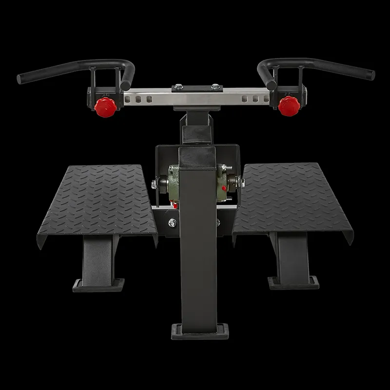Front view of a black seated calf raise machine with textured foot platforms, two handles, and red adjustment knobs, set against a black background—perfect to pair with your ATX® T-Bar Row Machine for a complete strength-training setup.