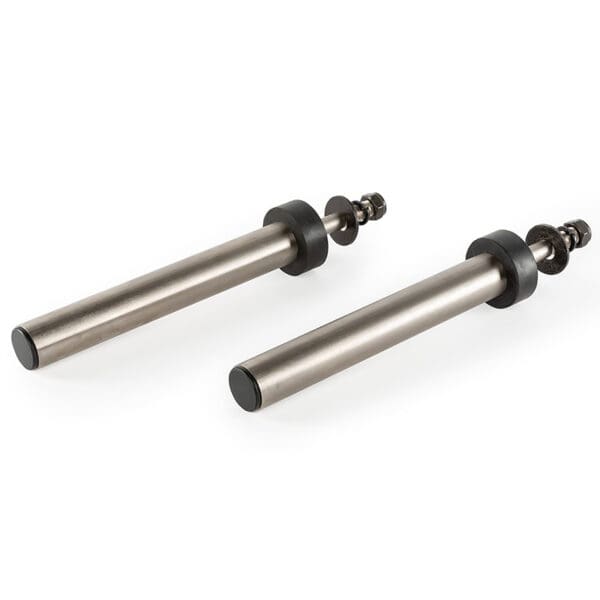 Two ATX® Weight Plate Pins with threaded ends and black caps are parallel on a white background, seemingly intended as components for a larger assembly.