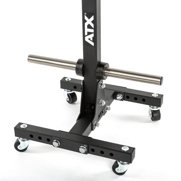 Close-up of the black ATX® Wheel Set Stand featuring metal handles and sturdy wheels, adjustable holes for customization, and heavy-duty bolts for stability.