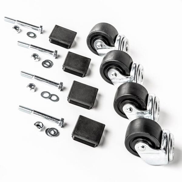 Four black caster wheels from the ATX® Wheel Set Stand with metal mounts are lined up next to black square inserts, washers, and bolts on a white background.