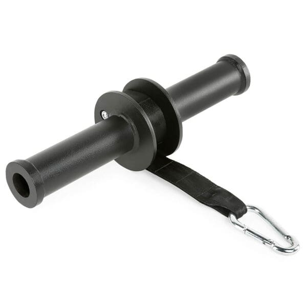 The ATX® Wrist Forearm Trainer is a black steel roller with a cylindrical handle, central disc, and nylon strap featuring a metal carabiner for weight lifting exercises.