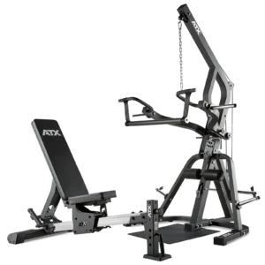 A compact home gym setup featuring the ATX Triplex Multi Gym, complete with a multifunctional workout station, weight bench, and pulley system. This leverage gym is designed for various strength training exercises, offering the perfect solution for fitness enthusiasts.