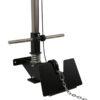 A close-up view of the ATX® Wall Mounted Lat Pulldown, showcasing its black and silver design. The exercise equipment features a pulley system with a chain and handlebar, complemented by a sturdy base and springs for resistance, making it perfect for Lat Pulldown Low Row exercises.