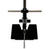 Close-up view of a gym workout machine featuring two horizontal handles, a central metal bar with a spring mechanism, and a chain with a clip hanging from it. This ATX® Wall Mounted Lat Pulldown is designed for strength training exercises.