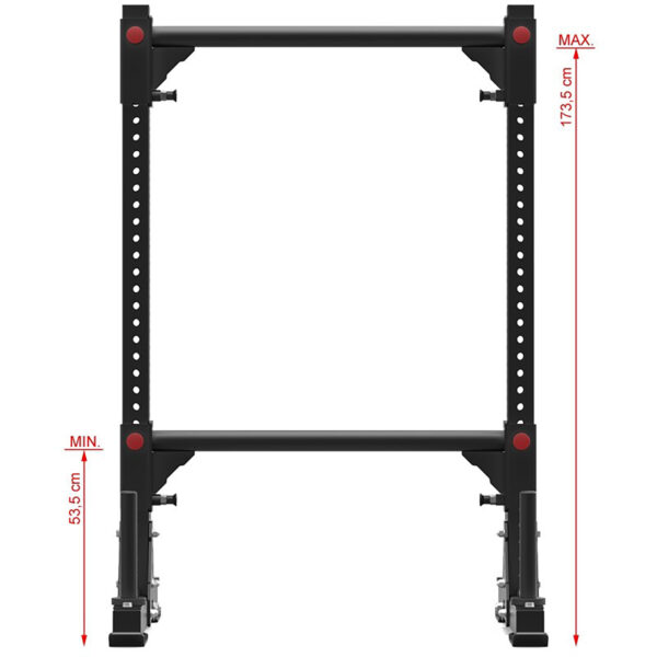 The discontinued ATX® Bulls Strongman Yoke is a black, adjustable squat rack with a rectangular frame, featuring multiple height adjustment holes. Its maximum height is 173.5 cm and the minimum is 53.5 cm.