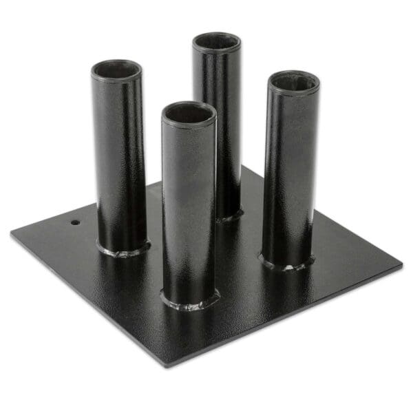 The Olympic Barbell Holder features a textured, rectangular metal base in black with four upright, evenly spaced cylindrical holders that are open at the top.